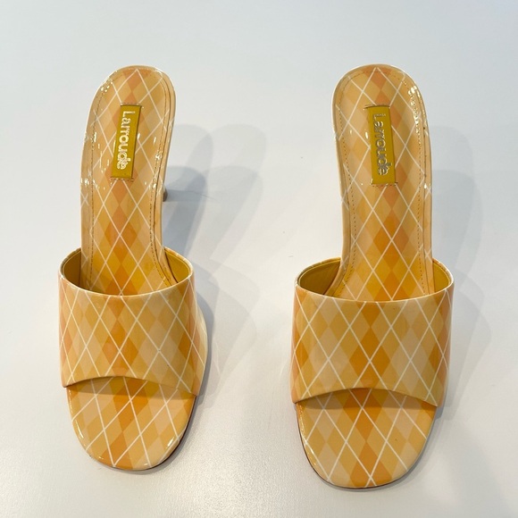 LARROUDE Colette Mule Heel In Argyle Sun Sz 7 Yellow Plaid Slide Sandal NEW $315 - Picture 3 of 9